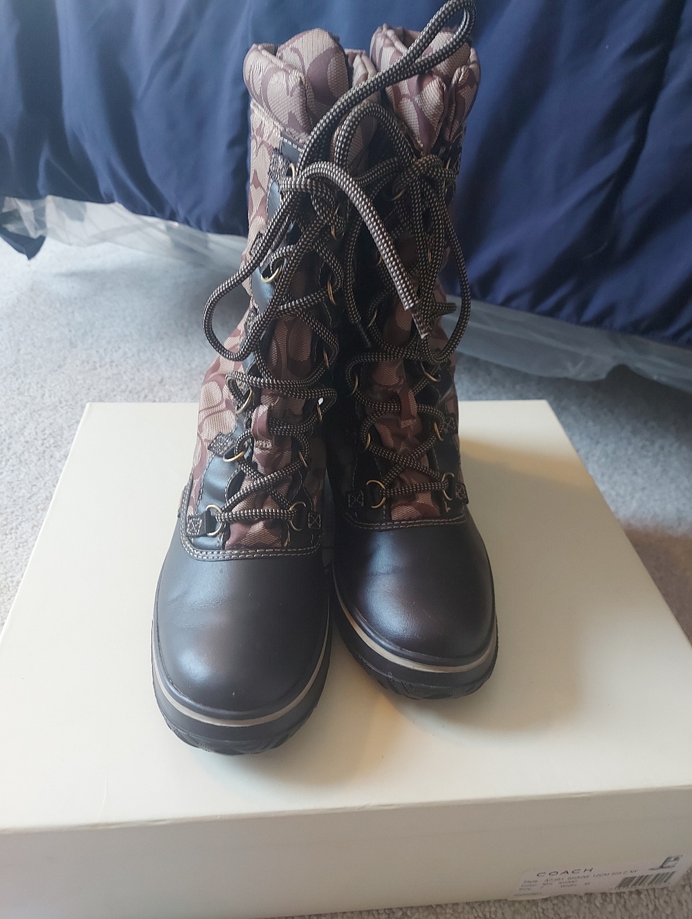 100%Authentic Leather Coach Brown Logo Lace-Up Women's Boots with Dark Brown Toe